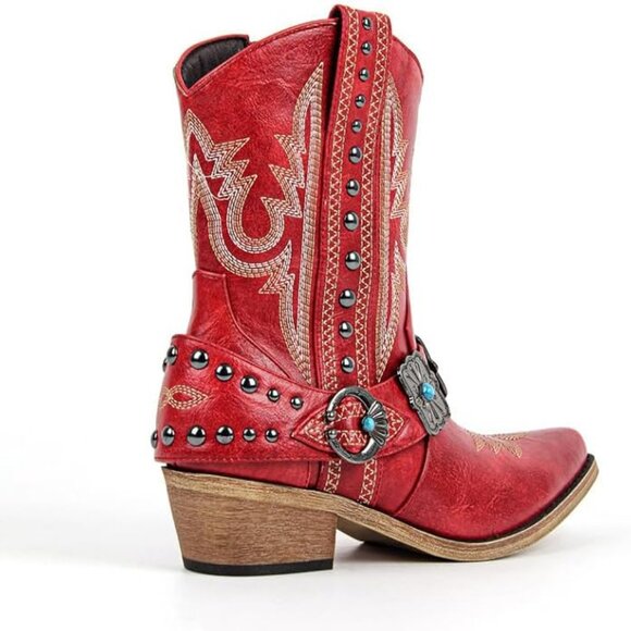 Women's Red Ankle High Embroidery Pointed Toe Cowgirl Boots Rodeo Country - Picture 3 of 3